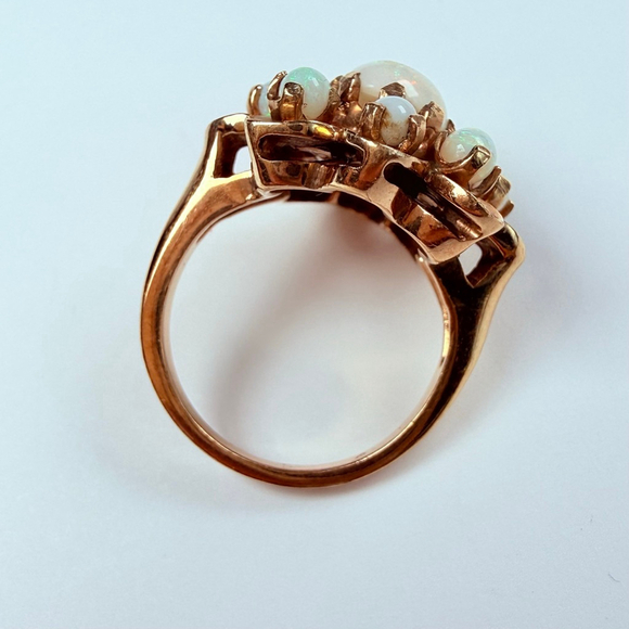 Estate 14K Solid Yellow Gold Australian Opal Vintage Atomic Retro Cocktail Ring - Picture 7 of 12